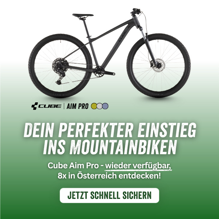 Cube Aim Pro Mountainbike in Grau vor hellem Hintergrund – idealer Einstieg ins Mountainbiken, jetzt wieder verfügbar in Österreich