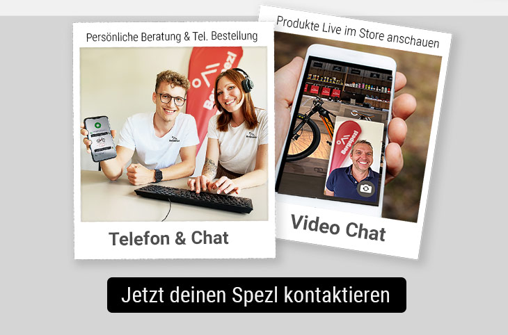 Übersicht über die verschiedenen Beratungsmethoden von Bergspezl: Im Store testen, per Telefon oder Chat, sowie per Videochat.