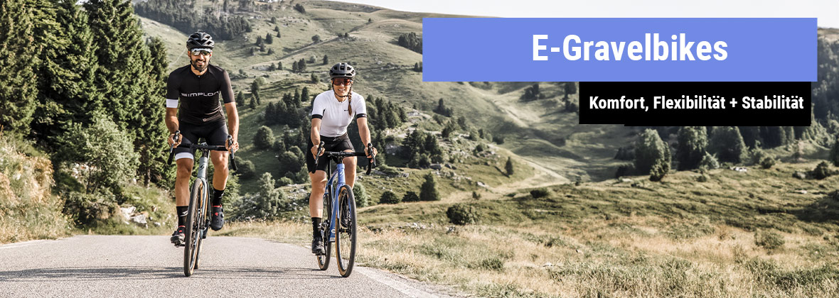 Zwei Radfahrer mit einem E-Gravelbike vor einer weiten Landschaft.