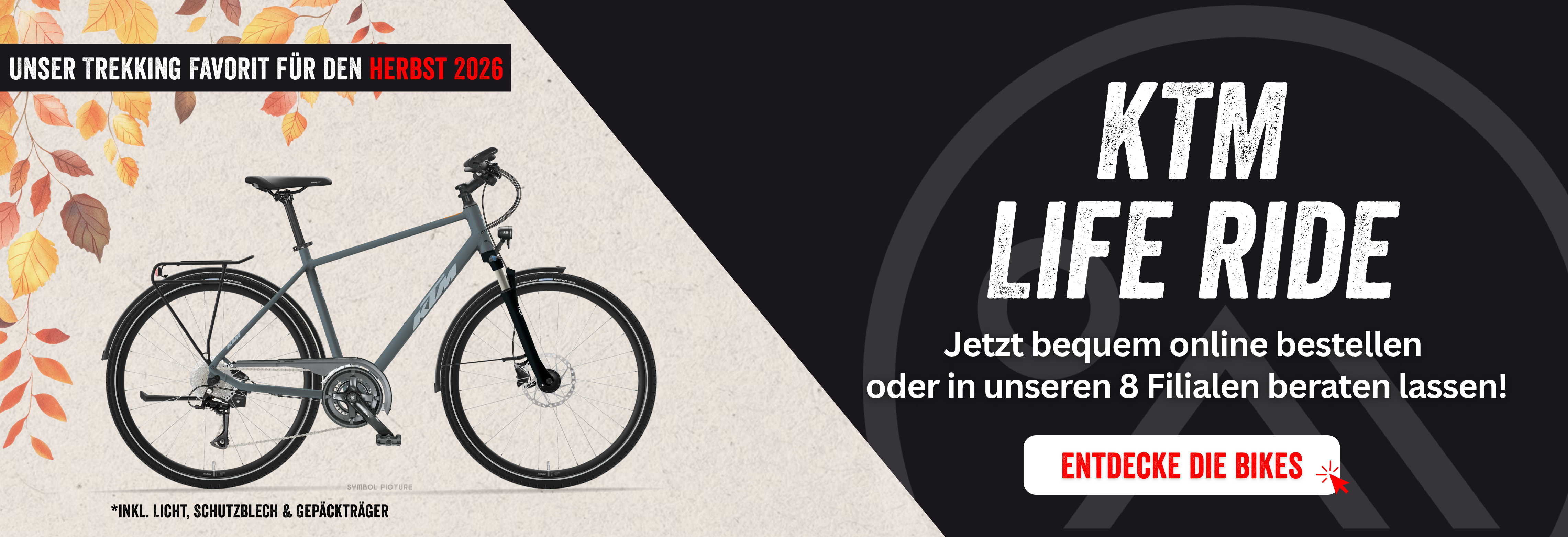 Graues KTM Life Ride Trekkingbike mit Licht, Schutzblechen und Gepäckträger vor herbstlichem Hintergrund mit bunten Blättern