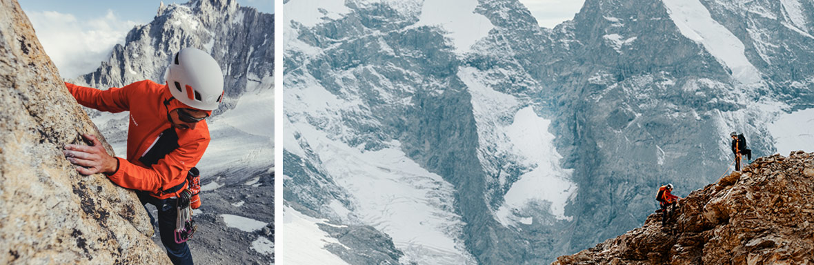 Ein Kletterer in oranger Jacke und Helm, der sich an einer steilen Felswand festhält. Neben ihm ist ein Foto mit einem Panorama von felsigen, verschneiten Bergen und zwei Bergsteigern, die den Berg erklimmen.