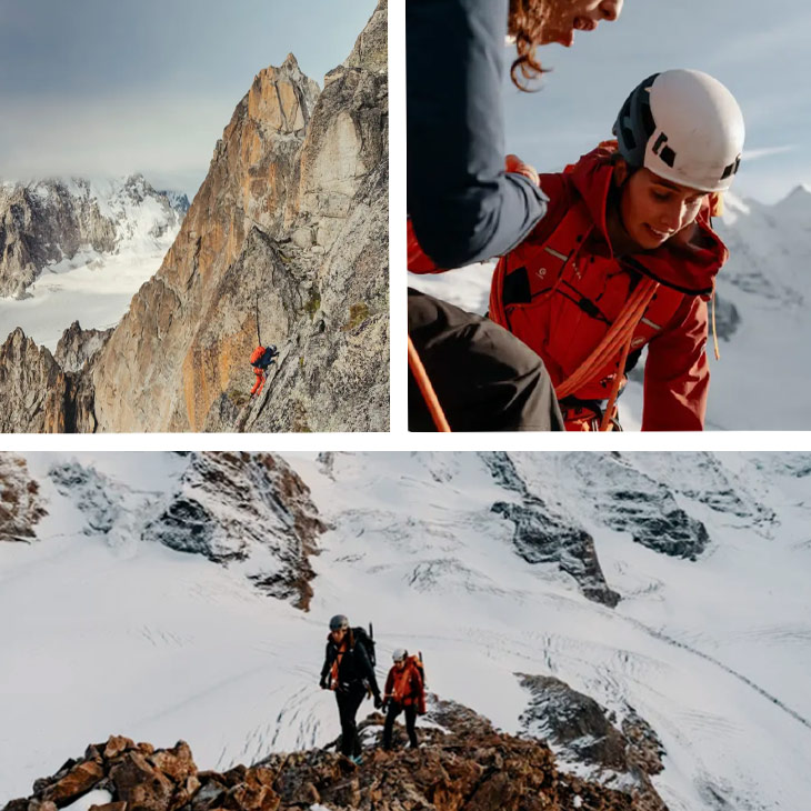 Eine Frau in roter Bergsteigerjacke und weißem Helm, die an einem gesicherten Seil auf einer verschneiten Bergspitze klettert. Der Hintergrund zeigt schneebedeckte Berge unter einem klaren Himmel.