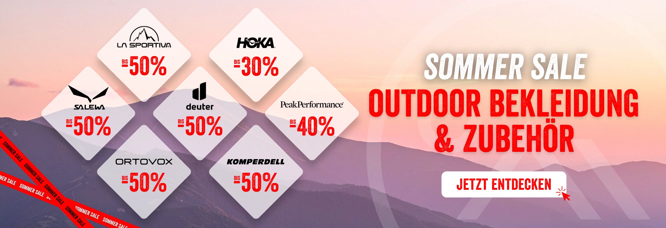Sommer Sale für Outdoor-Bekleidung und Zubehör von La Sportiva, Hoka, Salewa, Deuter, Peak Performance, Ortovox und Komperdell mit bis zu 50 Prozent Rabatt