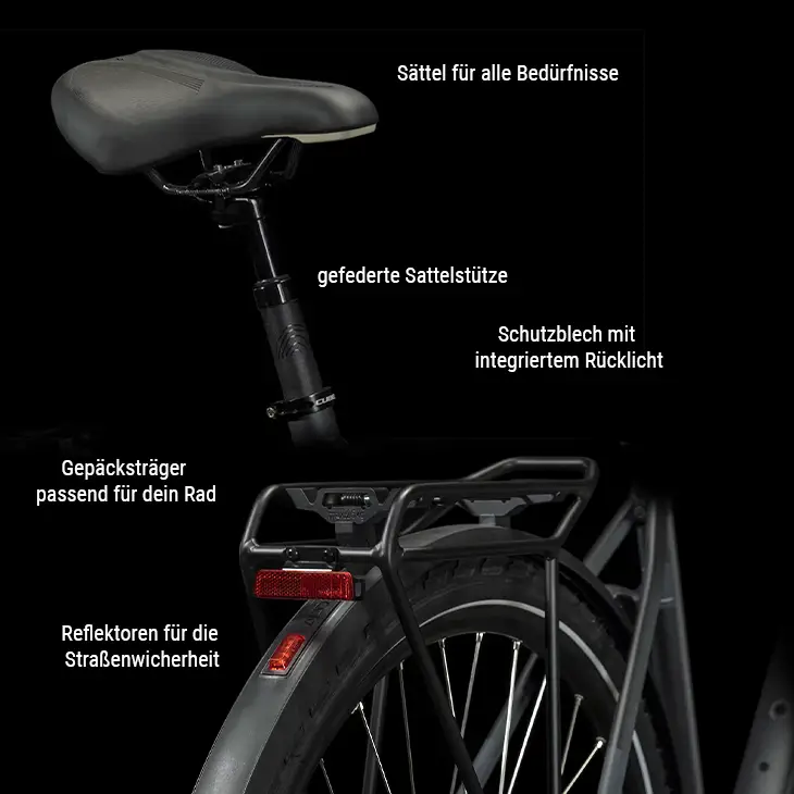 Darstellung von Gepäckträger und Fahrradsattel mit Beschreibung der Merkmale.