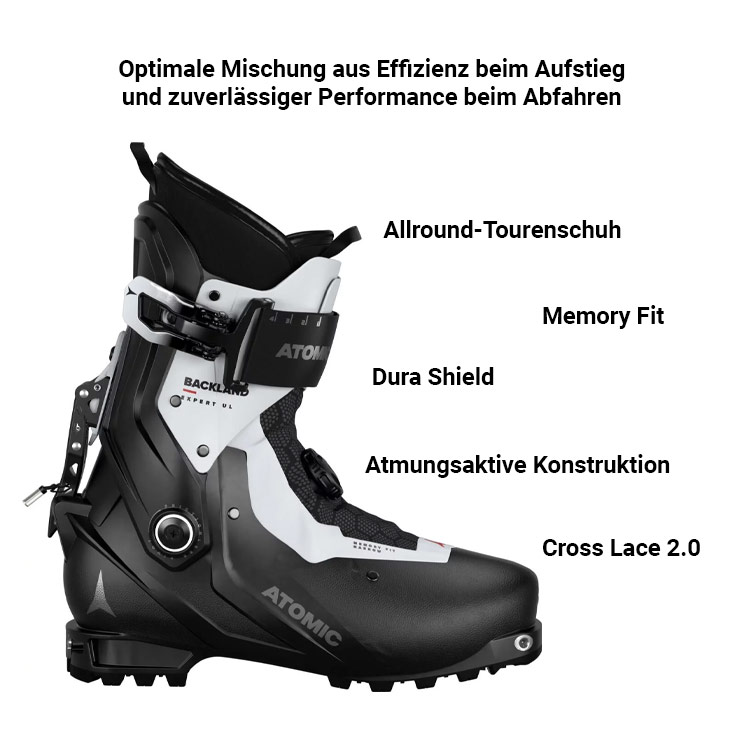 Schwarzer und weißer Tourenskischuh von Atomic, hervorgehobene Merkmale wie 'Memory Fit', 'Cross Lace 2.0', 'Dura Shield' und atmungsaktive Konstruktion. Text beschreibt den Schuh als eine optimale Mischung aus Effizienz beim Aufstieg und Performance beim Abfahren.