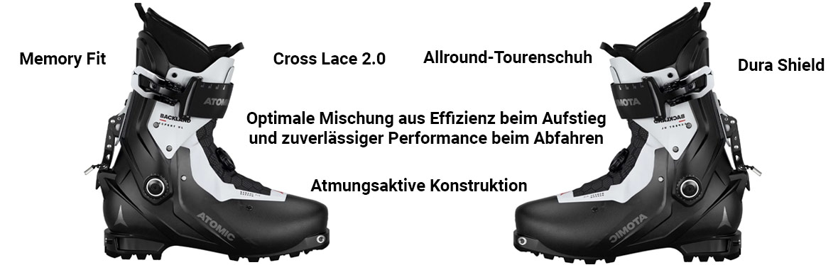 Schwarzer und weißer Tourenskischuh von Atomic, hervorgehobene Merkmale wie 'Memory Fit', 'Cross Lace 2.0', 'Dura Shield' und atmungsaktive Konstruktion. Text beschreibt den Schuh als eine optimale Mischung aus Effizienz beim Aufstieg und Performance beim Abfahren