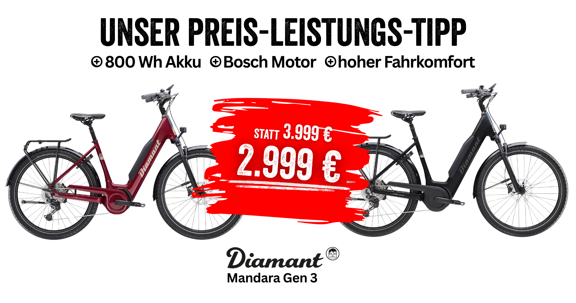 Diamant Mandara Gen 3 E-Trekkingbike mit 800 Wh Akku und Bosch Motor