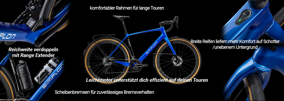 Darstellung eines blauen E-Gravelbikes mit Beschreibung der einzelnen Merkmale.
