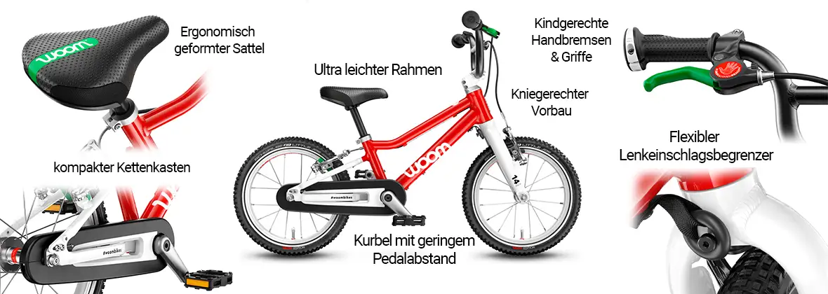 Ein Fahrrad von der Marke Woom in verschiedenen Formen dargestellt und mit verschiedenen texten beschrieben.