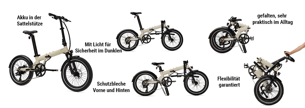 Darstellung eines E-Faltrads mit Beschreibung der einzelnen Merkmale.